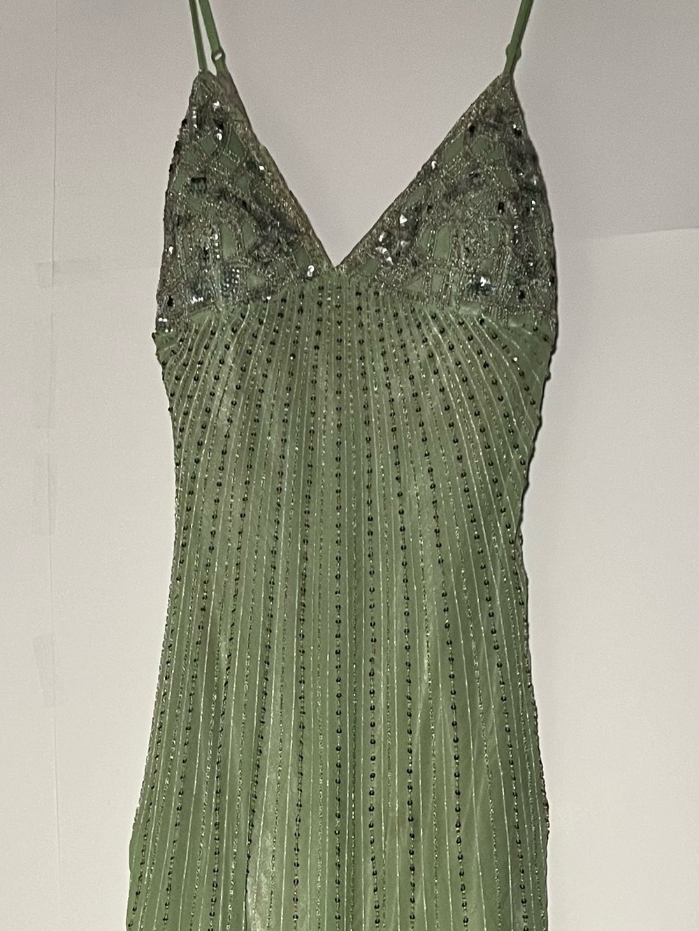 Adrianna Papell Sage Green Beaded Pleated Maxi Dress